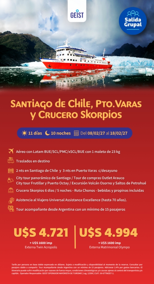 Salida grupal: Chile + Crucero Skorpios